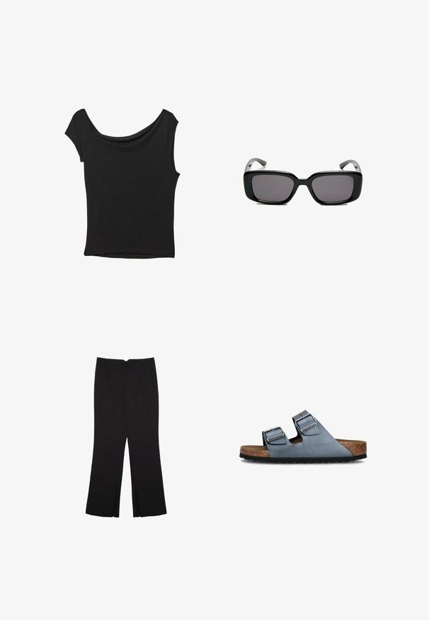 Top nero a maniche corte realizzato in tessuto liscio; presenta un colletto drappeggiato e un orlo asimmetrico, con una vestibilità aderente.; Pantaloni neri a gamba dritta, con tasche frontali e spacchi laterali all'orlo. Realizzati in tessuto morbido e liscio. Adatti a diverse occasioni.; Sandali a due fasce realizzati in morbida pelle blu con sottopiede in sughero e suola in gomma nera. Presentano fibbie argentate lucide su ciascuna fascia.; Occhiali da sole neri rettangolari con lenti scure, montatura in plastica liscia e tempie curve. Il design è voluminoso con un'estetica minimalista.