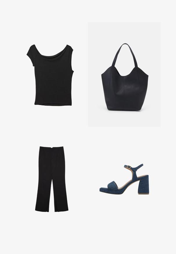 Musta lyhythihainen paita, joka on valmistettu sileästä kankaasta; siinä on laskeutuva kaula-aukko ja epäsymmetrinen helma, sekä istuva malli.; Mustat housut suoralinjaisella leikkauksella, joissa on etutaskut ja sivurei'ät helman alla. Valmistettu pehmeästä ja sileästä kankaasta. Sopii eri tilaisuuksiin.; Sandaalit, joissa on denimkankaasta valmistettu avonaaminen varvasosa ja nilkkaketju, sekä teksturoitu sininen kangas yläosa. Ominaisuudet sisältävät tukevan paksun korot.; Mustat kangaskassit, jotka on valmistettu sileästä nahasta, jossa on kaareva, avoin yläosa, kaksi olkahihnaa ja minimalistinen muotoilu.