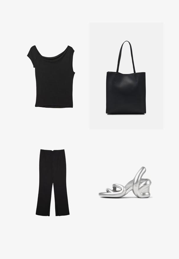 Czarna bluzka z krótkim rękawem, wykonana z gładkiego materiału; posiada dekolt w stylu drapowanym oraz asymetryczny dół, z dopasowanym krojem.; Czarne spodnie o prostym kroju, z przednimi kieszeniami i bocznymi rozcięciami na dole. Wykonane z miękkiego, gładkiego materiału. Odpowiednie na różne okazje.; Srebrne sandały na wysokim obcasie z rzeźbiarskim designem, gładkim metalicznym wykończeniem i unikalnym, skręconym paskiem z przodu.; Czarna skórzana torba tote o gładkiej fakturze, prostokątnym kształcie i dwóch długich uchwytach. Brak widocznych elementów metalowych i ozdób.