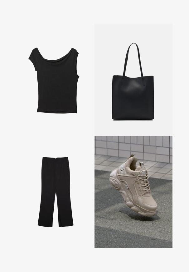 Schwarzes Kurzarmoberteil aus glattem Stoff; hat einen drapierten Ausschnitt und einen asymmetrischen Saum, mit einem figurbetonten Körper.; Schwarze Hose mit geradem Schnitt, ausgestattet mit Fronttaschen und Seitenschlitzen am Saum. Hergestellt aus weichem, glattem Stoff. Geeignet für verschiedene Anlässe.; Beige Sport Schuh mit einem Obermaterial aus Mesh und Synthetik, gepolstertem Kragen und einer robusten Sohle mit strukturierten Akzenten. Branding auf der Seite sichtbar.; Schwarze Laptoptasche aus Leder mit glatter Textur, rechteckiger Form und zwei langen Griffen. Keine sichtbaren Beschläge oder Verzierungen.