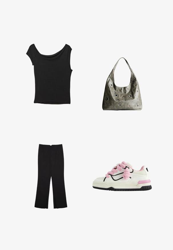 Czarna bluzka z krótkim rękawem, wykonana z gładkiego materiału; posiada dekolt w stylu drapowanym oraz asymetryczny dół, z dopasowanym krojem.; Czarne spodnie o prostym kroju, z przednimi kieszeniami i bocznymi rozcięciami na dole. Wykonane z miękkiego, gładkiego materiału. Odpowiednie na różne okazje.; Białe sportowe buty z różowymi puszystymi sznurówkami, czarnymi detalami, perforowaną siateczką oraz masywną gumową podeszwą z różowym akcentem.; Oliwkowa skórzana torebka o luźnym fasonie, z różnej wielkości okrągłymi wycięciami i akcentami w ciemniejszych i jaśniejszych odcieniach.