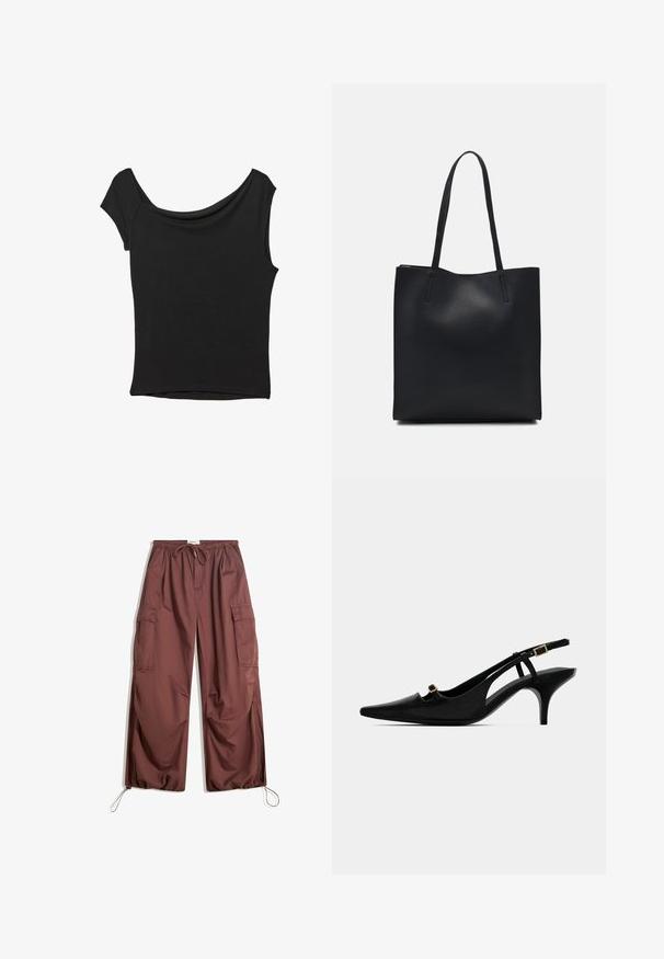 Crna majica kratkih rukava od glatkog materijala; ima drapirani izrez i asimetrični donji rub, uz prilagođeni kroj tijela.; Široke smeđe cargo hlače s elastičnim pojasom, vezicom, velikim bočnim džepovima i podesivim vezicama na gležnjevima.; Crne cipele s otvorenom petom i špicastim nosom, s niskom zakrivljenom petom i malom zlatnom kopčom na prednjem remenu i remenu oko gležnja.; Crna kožna torba za nošenje s glatkom teksturom, pravokutnim oblikom i dvije duge ručke. Nema vidljivih metalnih dijelova ili ukrasa.