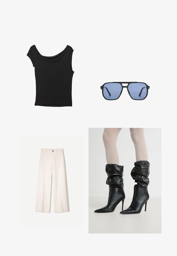 Sort kortærmet top lavet af glat stof; har en draperet halsudskæring og en asymmetrisk kant, med en tætsiddende pasform.; Cremefarvede bukser med bred benvidde og skræddersyet design, der har to forlommer og en enkelt frontknaplukning, lavet af et glat stof.; Sorte læderankelstøvler med et afslappet design, spidse tå og højt stilettohæl, med en blød, struktureret finish omkring kanten.; Stradivarius RETRO - Solbriller - light blue