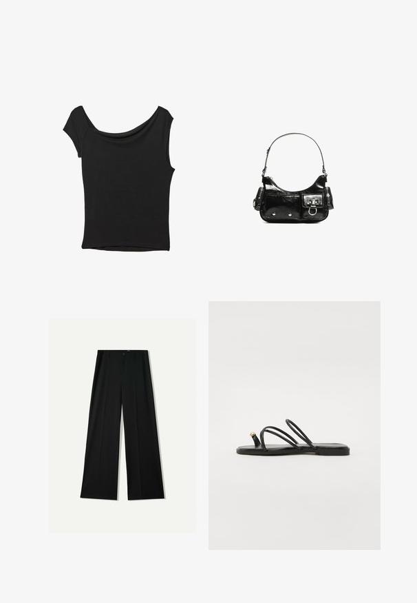 Svart kortärmad topp i slät tyg; har en draperad halsringning och asymmetrisk nederkant, med en figursydd kropp.; Bershka WIDE - Tygbyxor - black; Call it Spring LUNAROSE - Tåsandaler - black; Svart lackläderhandväska med en rundad form, en axelrem, framfickor och detaljer i silverfärg.