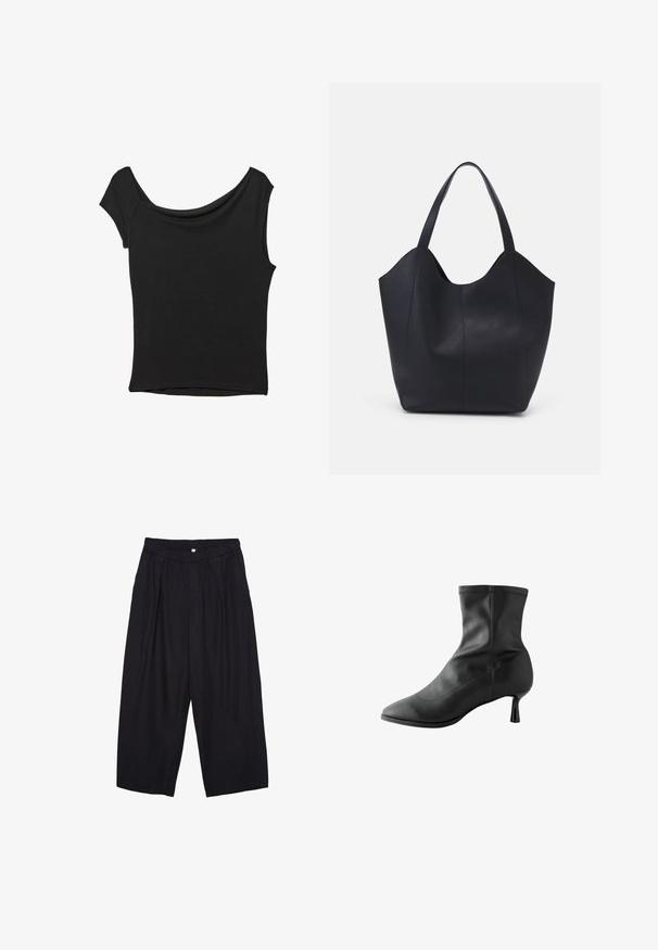 Schwarzes Kurzarmoberteil aus glattem Stoff; hat einen drapierten Ausschnitt und einen asymmetrischen Saum, mit einem figurbetonten Körper.; Schwarze Polyester-Culotte mit einem elastischen Bund, zwei vorderen Falten und einer lockeren Silhouette. Keine sichtbaren Muster oder Hardware-Details.; Schwarze Knöchelstiefel aus glattem Leder mit spitzem Zeh und schmalem, zylindrischem Absatz. Steppnähte am oberen Rand.; Schwarze Tote-Bag aus glattem Leder, mit einem abgerundeten, offenen Oberteil, zwei Schulterträgern und einem minimalistischen Design.