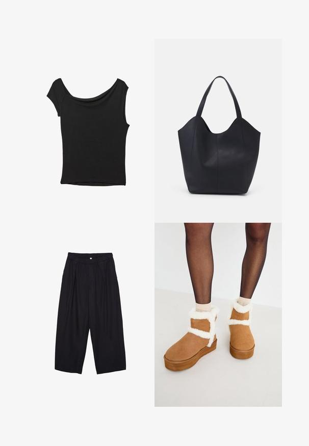 Czarna bluzka z krótkim rękawem, wykonana z gładkiego materiału; posiada dekolt w stylu drapowanym oraz asymetryczny dół, z dopasowanym krojem.; Czarne spodnie culotte z poliestru z elastycznym pasem, dwoma fałdami z przodu i luźnym krojem. Brak widocznych wzorów lub elementów metalowych.; Brązowe zamszowe botki do kostek z białym futrem syntetycznym i platformą, z charakterystycznym designem krzyżujących się paseczków. Gładka tekstura i zaokrąglony nos.; Czarna torba na ramię wykonana z gładkiej skóry, z zaokrąglonym, otwartym topem i dwoma paskami na ramię oraz minimalistycznym designem.
