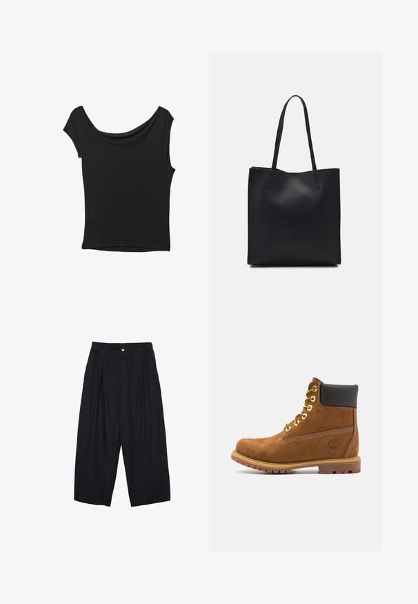 Black short-sleeve top made of smooth fabric; features a draped neckline and an asymmetrical hemline, with a fitted body.; Black polyester culotte pants with an elastic waistband, two front pleats, and a loose silhouette. No visible patterns or hardware details.; Brown suede ankle boot with black padded collar, gold eyelets, lace-up front, and rubber sole featuring a textured pattern.; Black leather tote bag with smooth texture, rectangular shape, and two long handles. No visible hardware or embellishments.