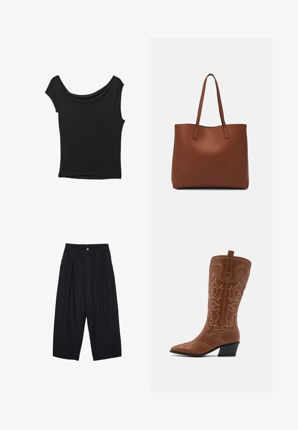 Haut noir à manches courtes en tissu lisse ; il présente un col drapé et un ourlet asymétrique, avec un corps ajusté.; Pantalon culotte noir en polyester avec une taille élastique, deux plis avant et une silhouette ample. Pas de motifs visibles ni de détails matériels.; RAID NOUR - Bottes de cowboy / motard - tan; Sac fourre-tout en cuir marron avec une texture lisse, design à ouverture supérieure et deux poignées pour le porter à l'épaule. Présente des coutures minimales et aucun matériel visible.