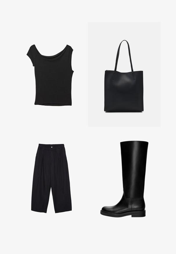 Top nero a maniche corte realizzato in tessuto liscio; presenta un colletto drappeggiato e un orlo asimmetrico, con una vestibilità aderente.; Pantaloni culotte neri in poliestere con una cintura elastica, due pieghe frontali e una silhouette ampia. Nessun motivo visibile o dettagli in metallo.; Stivale in pelle nera al ginocchio con una texture liscia, punta rotonda, design sobrio e tacco a blocco basso. Nessuna hardware o motivo visibile.; Borsa tote in pelle nera con texture liscia, forma rettangolare e due manici lunghi. Nessun hardware o decorazione visibile.
