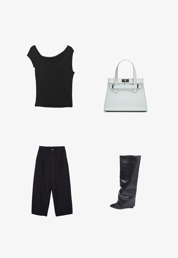Czarna bluzka z krótkim rękawem, wykonana z gładkiego materiału; posiada dekolt w stylu drapowanym oraz asymetryczny dół, z dopasowanym krojem.; Czarne spodnie culotte z poliestru z elastycznym pasem, dwoma fałdami z przodu i luźnym krojem. Brak widocznych wzorów lub elementów metalowych.; Bata - Kozaki na koturnie; Jasnoniebieska torebka o strukturalnym designie, z dwoma uchwytami i zapięciem w srebrnym odcieniu. Teksturowany materiał i ostre krawędzie.