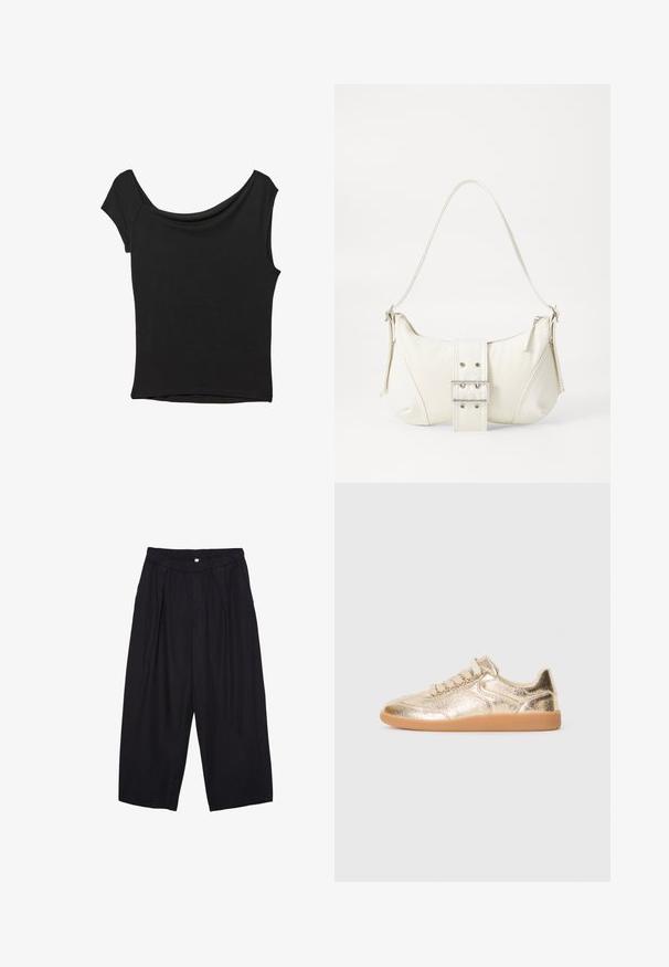 Čierny krátky rukáv top vyrobený z hladkej tkaniny; má prehnutý výstrih a asymetrický lem, s priliehavým telom.; Čierne polyesterové culotte nohavice s elastickým pásom, dvoma prednými záhybmi a voľným strihom. Žiadne viditeľné vzory ani detaily z kovu.; Nízkoprofilové tenisky s metalicky zlatým textúrovaným zvrškom, béžovými šnúrkami a gumovou podrážkou, zobrazené z vonkajšej strany na bielom pozadí.; Biela taška cez rameno s textúrovaným povrchom, centrálnou prackou a zakriveným tvarom. Zipsy na oboch stranách.