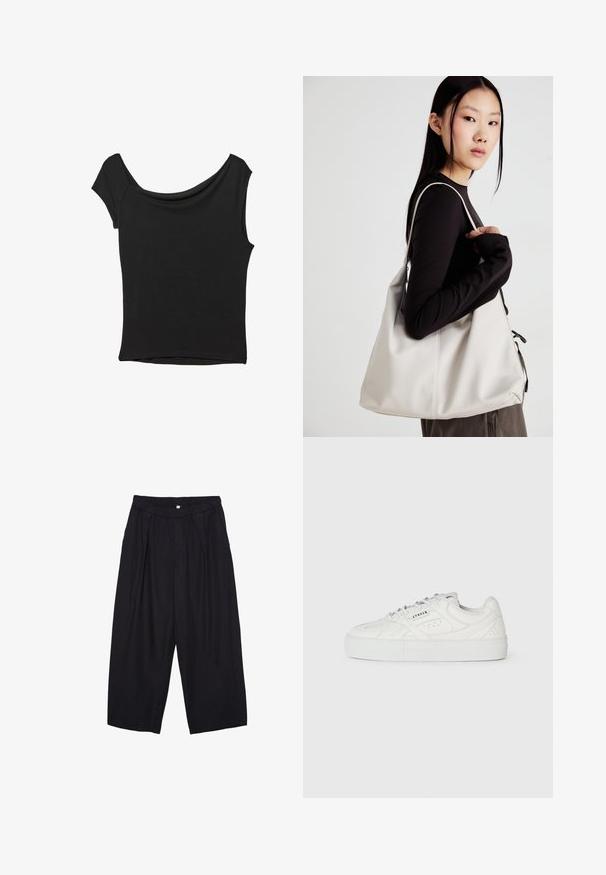 Schwarzes Kurzarmoberteil aus glattem Stoff; hat einen drapierten Ausschnitt und einen asymmetrischen Saum, mit einem figurbetonten Körper.; Schwarze Polyester-Culotte mit einem elastischen Bund, zwei vorderen Falten und einer lockeren Silhouette. Keine sichtbaren Muster oder Hardware-Details.; Weiße Low-Top-Sneaker mit Schnürdesign, durchbrochenen Details und "CPNHGN"-Druck an der Seite, auf einem schlichten weißen Hintergrund.; Beige Handtasche aus weichem Material, mit einem lässigen Design, gesteppten Details und zwei Schulterriemen. Geeignet für den täglichen Gebrauch.