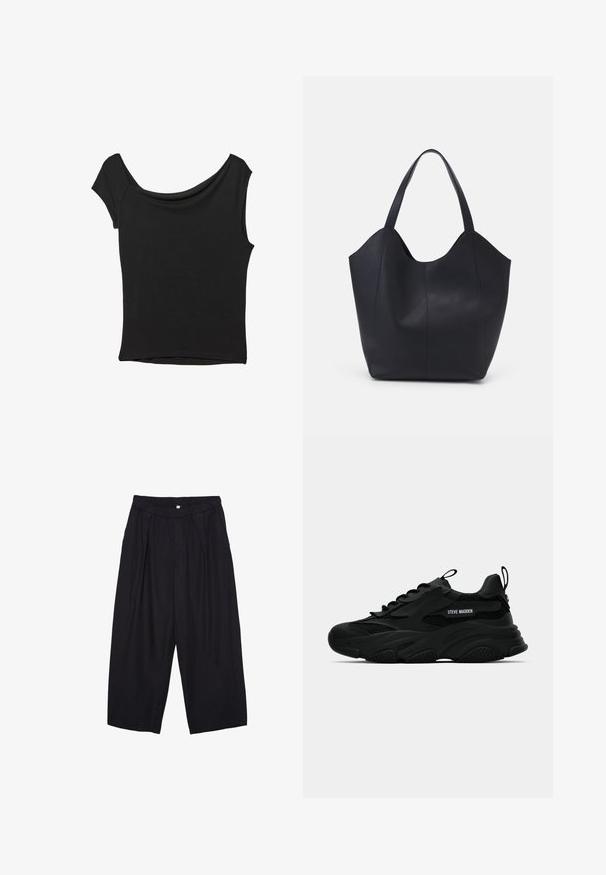 Musta lyhythihainen paita, joka on valmistettu sileästä kankaasta; siinä on laskeutuva kaula-aukko ja epäsymmetrinen helma, sekä istuva malli.; Musta polyesterinen culotte-housut, jossa on joustava vyötärö, kaksi etupleettiä ja löysä siluetti. Ei näkyviä kuvioita tai metallisia yksityiskohtia.; Musta Steve Madden paksupohjainen lenkkari, jossa on verkkopaneelit, paksu pohja, vetotapit kielessä ja kannassa, sivulogo kirjailtuna, esitetty profiilista.; Mustat kangaskassit, jotka on valmistettu sileästä nahasta, jossa on kaareva, avoin yläosa, kaksi olkahihnaa ja minimalistinen muotoilu.