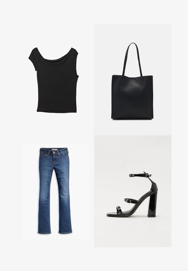 Black short-sleeve top made of smooth fabric; features a draped neckline and an asymmetrical hemline, with a fitted body.; Blue denim jeans with a high waist, five-pocket design, and slightly flared legs laid flat on a white background.; Black patent heeled sandals with a square toe, ankle straps, and silver buckles. Features a chunky block heel for stability.; Black leather tote bag with smooth texture, rectangular shape, and two long handles. No visible hardware or embellishments.