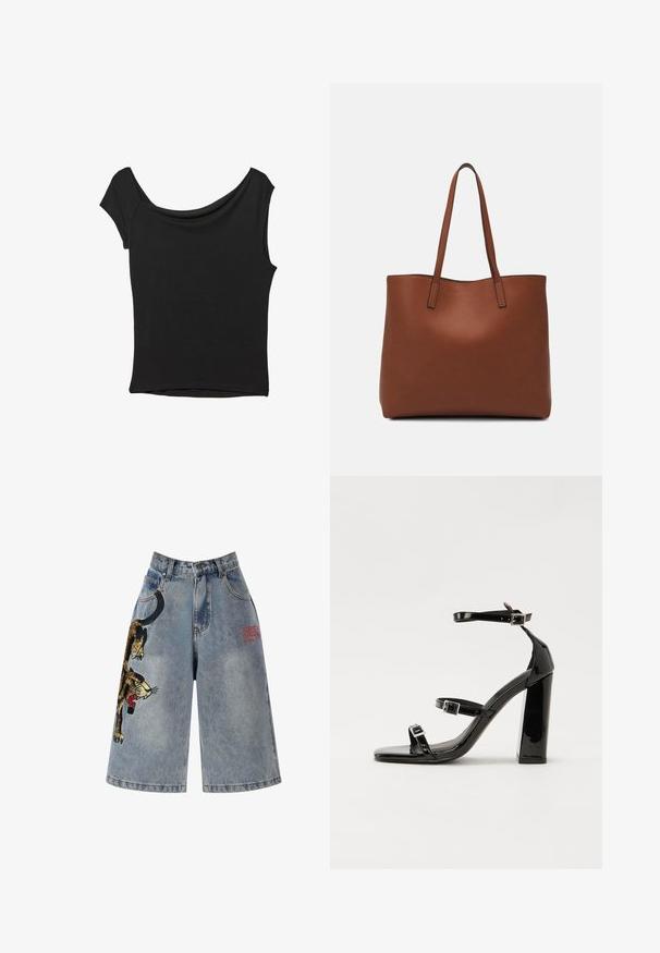 Musta lyhythihainen paita, joka on valmistettu sileästä kankaasta; siinä on laskeutuva kaula-aukko ja epäsymmetrinen helma, sekä istuva malli.; Ed Hardy PANTHER CRAWL - Farkkushortsit - bleach; Musta kiiltävä korkokenkä sandaalit neliönmuotoisella varpaalla, nilkkaremmillä ja hopeisilla soljilla. Varustettu tukevalla lohkokorkealla vakauden takaamiseksi.; Ruskea nahkainen olkalaukku, jossa on sileä pinta, avoin yläosa ja kaksi olkahihnaa. Omaavat vain minimaalisen ompelun eikä näkyvää metalliosaa.