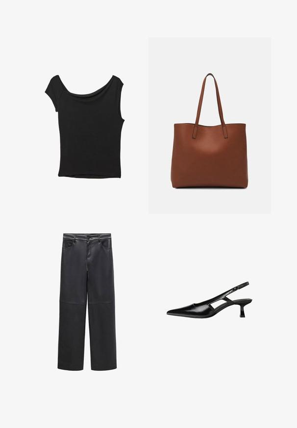 Schwarzes Kurzarmoberteil aus glattem Stoff; hat einen drapierten Ausschnitt und einen asymmetrischen Saum, mit einem figurbetonten Körper.; Schwarze Fake-Leder-Hose mit weitem Bein, Gürtelschlaufen, vier Taschen und einer glatten Textur. Verfügt über ein schlichtes, minimalistisches Design.; Schwarze Lackleder-Slingback-High Heels mit spitzer Zehenform, ausgeschnittenem Seitendesign und kleinem Blockabsatz. Glatte Textur mit minimalen Akzenten.; Braune Leder-Tote mit glatter Textur, offenem Oberteil und zwei Schulterriemen. Verfügt über minimale Nähte und keine sichtbaren Beschläge.