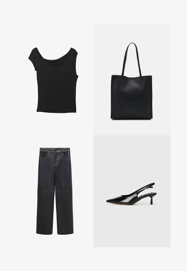 Črna kratka majica s kratkimi rokavi iz gladkega blaga; ima drapiran izrez in asimetrično spodnjo rob, s prilegnjenim telesom.; Črne široke hlače iz umetnega usnja z zankami za pas, štirimi žepi in gladko teksturo. Imajo čist, minimalističen dizajn.; Črne patentne usnjene slingback pete s koničastim nosom, tankim petam in nastavljivim trakcem z zaponko. Gladka tekstura z minimalnimi detajli.; Črna usnjena torba s svilnato teksturo, pravokotne oblike in dvema dolgima ročajema. Brez vidnih metalnih delov ali okrasnih elementov.
