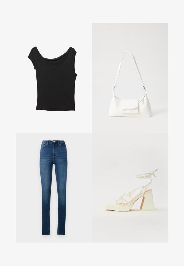Črna kratka majica s kratkimi rokavi iz gladkega blaga; ima drapiran izrez in asimetrično spodnjo rob, s prilegnjenim telesom.; Visoko pasen skinny jeans v srednje modrem džinsu s klasičnim pet-pocket slogom in gumbnim zapiranjem.; Bela sandala na visokih petah s debelim petam, ki ima obliko trakcev in vezanje okoli gležnja. Gladka tekstura z platformo spredaj za dodatno višino.; Bela sintetična torbica v obliki trikotnika, z ravnim sprednjim poklopcem in detajlom mašne, nastavljivim trakom, gladko teksturo in minimalističnim dizajnom.