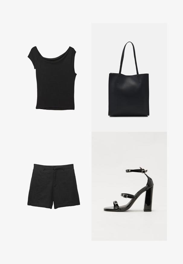 Črna kratka majica s kratkimi rokavi iz gladkega blaga; ima drapiran izrez in asimetrično spodnjo rob, s prilegnjenim telesom.; Črne lanene kratke hlače s krojem, ki je prilagojen postavi, ravnim sprednjim delom, zanke za pas in stranskimi žepi. Gladka tekstura s čisto obrobljenim robom.; Črne lakirane sandale s peto, kvadratnim prstom, trakovi okrog gležnja in srebrnimi zaponkami. Opremljene so s stabilno Debelo peto.; Črna usnjena torba s svilnato teksturo, pravokotne oblike in dvema dolgima ročajema. Brez vidnih metalnih delov ali okrasnih elementov.