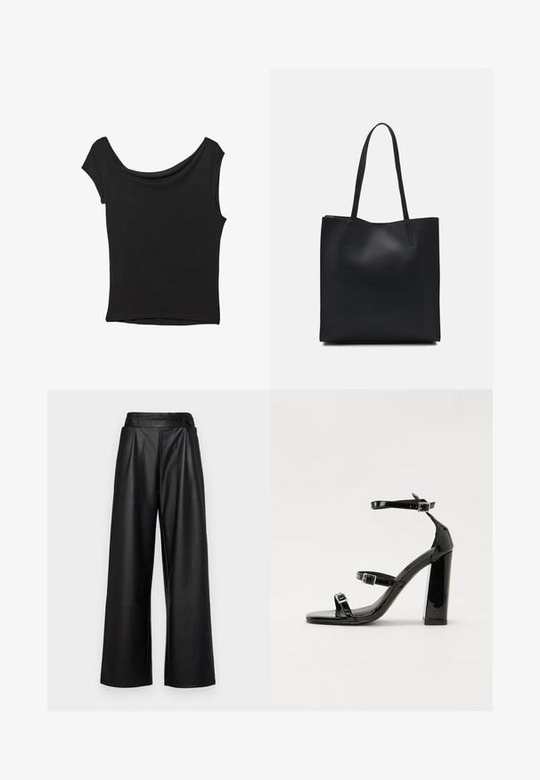 Černý krátký rukáv top vyrobený z hladké látky; má drapovaný výstřih a asymetrický lem, s přiléhavým střihem.; Černé široké kalhoty vyrobené z kůže, s vysokým pasem, plisováním a dvěma kulatými knoflíky na přední straně pro uzavření.; Černé lakované sandály na podpatku se čtveratou špičkou, lýtkovými pásky a stříbrnými přezkami. Disponují masivním blokovým podpatkem pro stabilitu.; Černá kožená taška přes rameno s hladkým povrchem, obdélníkovým tvarem a dvěma dlouhými uchy. Žádné viditelné kování ani ozdoby.