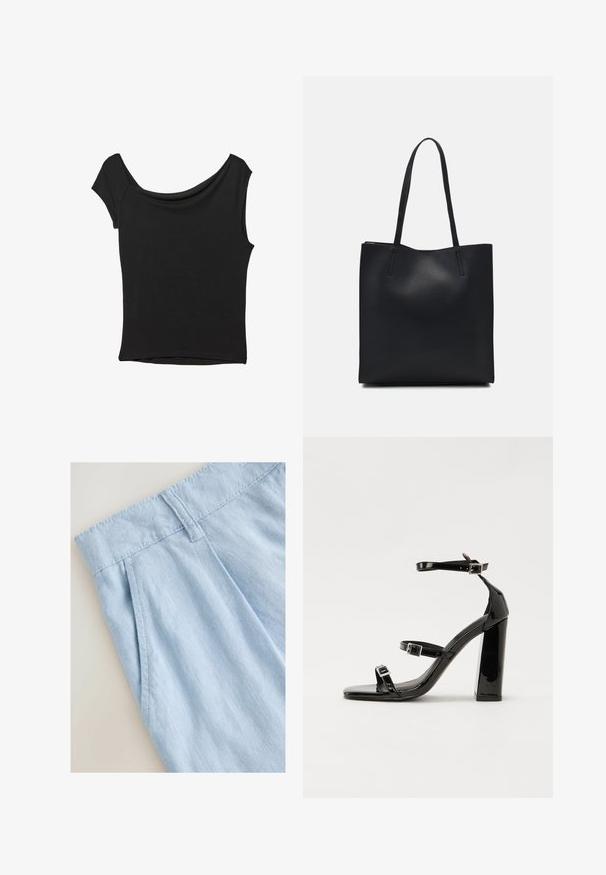 Top nero a maniche corte realizzato in tessuto liscio; presenta un colletto drappeggiato e un orlo asimmetrico, con una vestibilità aderente.; Pantaloni corti in lino blu chiaro con design plissettato, caratterizzati da una vita e dettagli di cucitura. Texture liscia e stile casual.; Sandali con tacco in vernice nera, con punta squadrata, cinturini alla caviglia e fibbie in argento. Presentano un tacco a blocco spesso per maggiore stabilità.; Borsa tote in pelle nera con texture liscia, forma rettangolare e due manici lunghi. Nessun hardware o decorazione visibile.