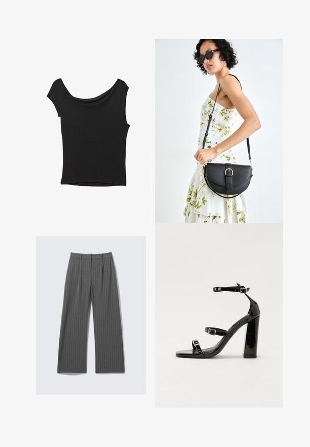 Top nero a maniche corte realizzato in tessuto liscio; presenta un colletto drappeggiato e un orlo asimmetrico, con una vestibilità aderente.; Pantaloni a gamba larga grigi con righe sottili, con pieghe frontali e passanti per cintura, distesi su uno sfondo bianco.; Sandali con tacco in vernice nera, con punta squadrata, cinturini alla caviglia e fibbie in argento. Presentano un tacco a blocco spesso per maggiore stabilità.; Borsa a tracolla nera in pelle con una forma curva, manico rimovibile e accessori dorati. La borsa presenta una patta con un dettaglio a fibbia.