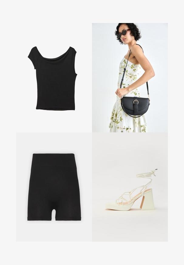 Čierny krátky rukáv top vyrobený z hladkej tkaniny; má prehnutý výstrih a asymetrický lem, s priliehavým telom.; Čierne rebrované cyklistické šortky s vysokým pásom a jemnou textúrou, s hladkým povrchom a bez viditeľných švov.; Biele sandále na vysokom opätku s hrubým podpätkom, s pruhovaným dizajnom a viazaním na členku. Hladký povrch s platformou vpredu pre zvýšenú výšku.; Čierna kožená kabelka s zaobleným tvarom, odnímateľným popruhom a zlatými doplnkami. Kabelka má klopu s detailom s prackou.