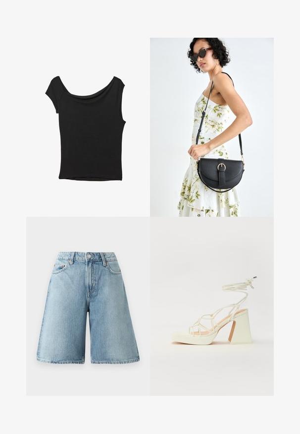 Crna majica kratkih rukava od glatkog materijala; ima drapirani izrez i asimetrični donji rub, uz prilagođeni kroj tijela.; Svijetloplave traper šortsevi s opuštenim krojem, srednje visokim strukom, pet džepova i kontrastnim detaljima šavova. Tkanina ima mekanu teksturu.; Bijela sandala na visokoj potpetici s debelim petom, s remenom i vezanjem oko gležnja. Glatka tekstura s platformom sprijeda za dodatnu visinu.; Crna kožna torba s lukovitim oblikom, odvojivim remenom i zlatnim detaljima. Torba ima preklop s kopčom.