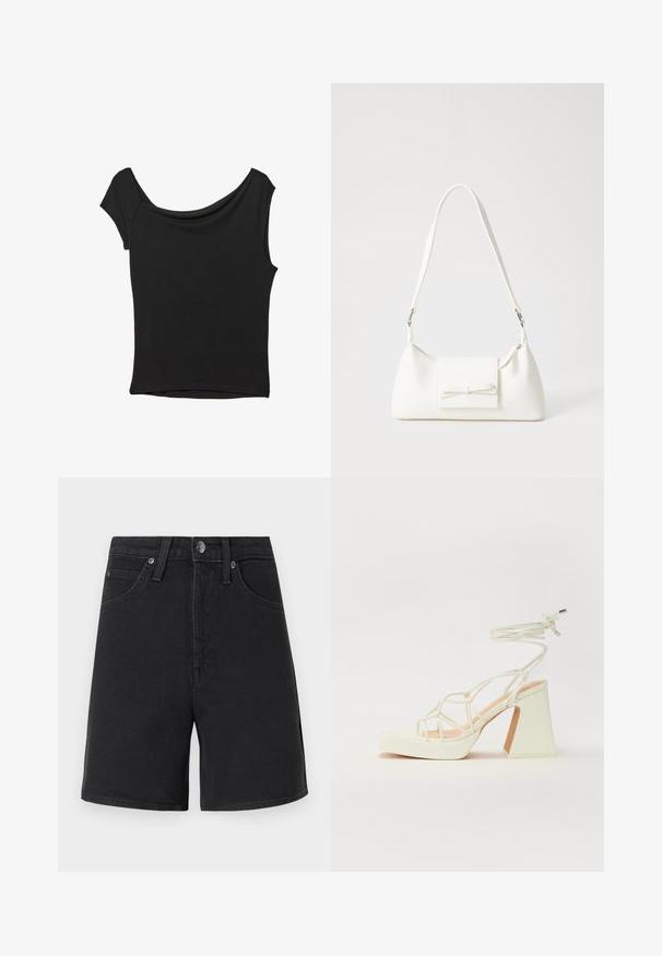 Črna kratka majica s kratkimi rokavi iz gladkega blaga; ima drapiran izrez in asimetrično spodnjo rob, s prilegnjenim telesom.; Črne denim kratke hlače s ravnim krojem, petimi žepi, kovinskim gumbom za zapiranje in diskretno šivanim dekorjem. Gladka tekstura blaga, srednji pas.; Bela sandala na visokih petah s debelim petam, ki ima obliko trakcev in vezanje okoli gležnja. Gladka tekstura z platformo spredaj za dodatno višino.; Bela sintetična torbica v obliki trikotnika, z ravnim sprednjim poklopcem in detajlom mašne, nastavljivim trakom, gladko teksturo in minimalističnim dizajnom.