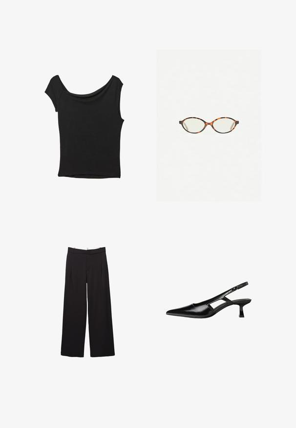 Černý krátký rukáv top vyrobený z hladké látky; má drapovaný výstřih a asymetrický lem, s přiléhavým střihem.; Černé široké kalhoty na míru s předními sklady, poutky na opasek a skrytým předním zapínáním.; Černé lakované lodičky na podpatku se špičatou špičkou, výřezovým designem na boku a malým čtvercovým podpatkem. Hladká textura s minimálními akcenty.; Želvovinové brýle s oválnými čočkami a hladkým, jemným povrchem. Má tenké bočnice s jemným zakřivením v chrámcích. Čiré čočky.