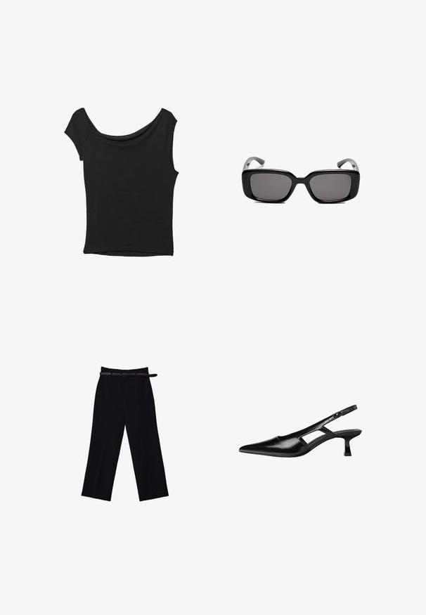 Sort kortærmet top lavet af glat stof; har en draperet halsudskæring og en asymmetrisk kant, med en tætsiddende pasform.; Sorte brede bukser med en glat tekstur. Har en tætsiddende talje, bæltestropper og forlommer.; Sorte patentlæder slingback hæle med spids tå, udskåret sideskærm og en lille firkantet hæl. Glat tekstur med minimale detaljer.; Sorte rektangulære solbriller med mørke linser, glat plastikramme og buede stænger. Designet er klodset med en minimalistisk æstetik.