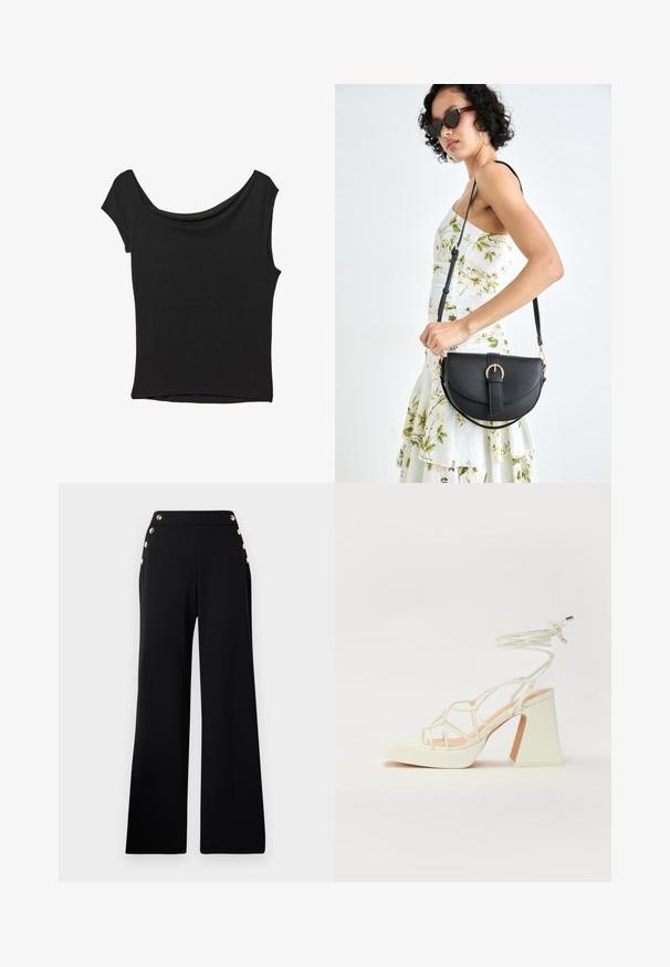 Črna kratka majica s kratkimi rokavi iz gladkega blaga; ima drapiran izrez in asimetrično spodnjo rob, s prilegnjenim telesom.; Črne široke hlače z visokim pasom in zlatimi gumbi spredaj ter žepi na obeh bokih na beli ozadju.; Bela sandala na visokih petah s debelim petam, ki ima obliko trakcev in vezanje okoli gležnja. Gladka tekstura z platformo spredaj za dodatno višino.; Črna usnjena torbica s ukrivljeno obliko, z odstranljivo naramnico in zlatimi dodatki. Torbica ima pokrov s podrobnostmi v obliki zaponke.