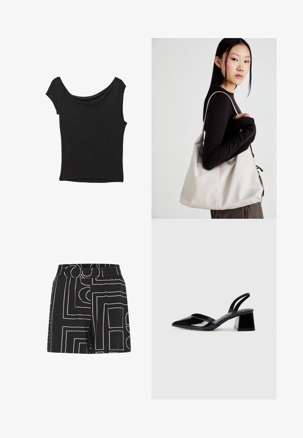 Musta lyhythihainen paita, joka on valmistettu sileästä kankaasta; siinä on laskeutuva kaula-aukko ja epäsymmetrinen helma, sekä istuva malli.; Mustat shortsit, joissa on ryppyinen pinta ja geometrinen kermaisen värinen kuvio. Joustava vyötäröosa tarjoaa mukavuutta ja rennon istuvuuden.; Mustat patentoitu nahkakengät, joissa on säären takaosa ja terävä kärki, sekä geometrinen palikkakorko. Sisältää tyylikkään, minimalistisen muotoilun ja sileän pinnan.; Beige laukku, joka on valmistettu pehmeästä materiaalista, ja siinä on rento muotoilu, ommeltu yksityiskohtia ja kaksi olkahihnaa. Sopii päivittäiseen käyttöön.