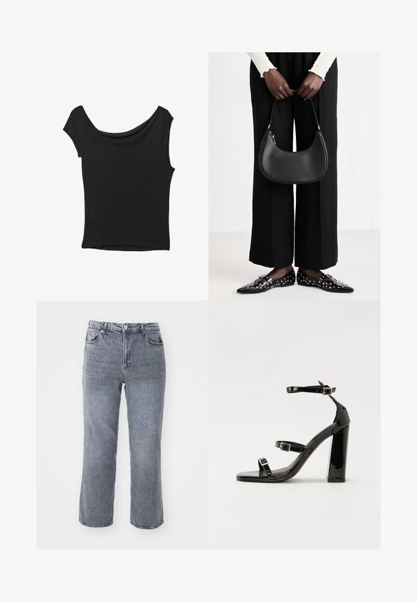 Černý krátký rukáv top vyrobený z hladké látky; má drapovaný výstřih a asymetrický lem, s přiléhavým střihem.; Šedé džínsy s vysokým pasem vyrobené z denimové tkaniny, s rovnými nohavicemi, dvojitými předními kapsami a jednou zadní kapsou s jemným vyblednutím.; Černé lakované sandály na podpatku se čtveratou špičkou, lýtkovými pásky a stříbrnými přezkami. Disponují masivním blokovým podpatkem pro stabilitu.; Černá kožená kabelka přes rameno s kulatým tvarem, lesklým povrchem a stříbrnými kovovými prvky. Osoba v černých širokých kalhotách a s ozdobenými mokasíny.