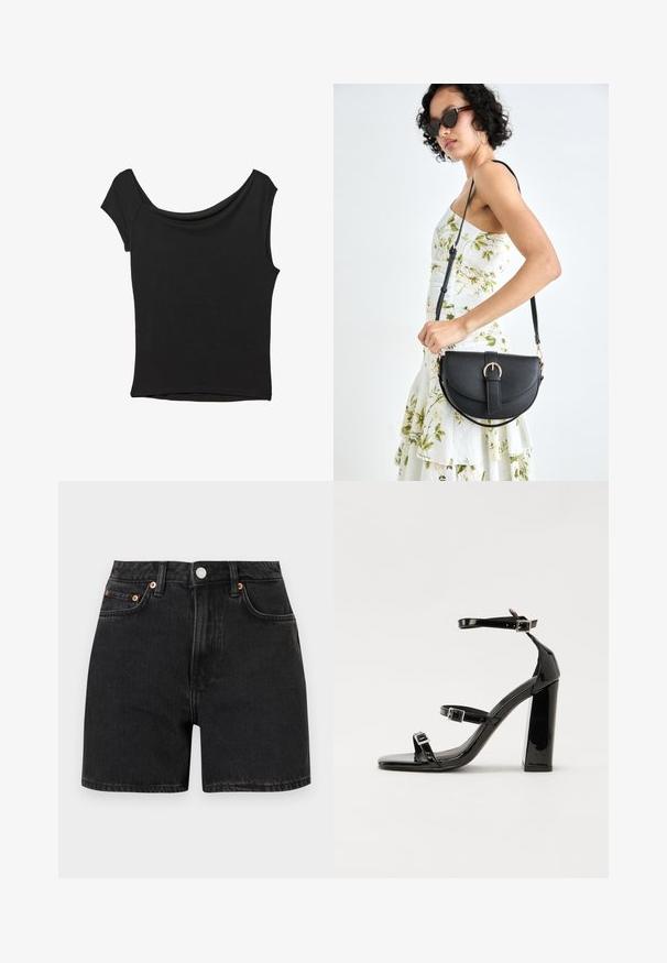 Top nero a maniche corte realizzato in tessuto liscio; presenta un colletto drappeggiato e un orlo asimmetrico, con una vestibilità aderente.; Shorts in denim nero con vita alta, caratterizzati da dettagli in ottone e design a cinque tasche. Texture liscia, taglio dritto e orli risvoltati.; Sandali con tacco in vernice nera, con punta squadrata, cinturini alla caviglia e fibbie in argento. Presentano un tacco a blocco spesso per maggiore stabilità.; Borsa a tracolla nera in pelle con una forma curva, manico rimovibile e accessori dorati. La borsa presenta una patta con un dettaglio a fibbia.