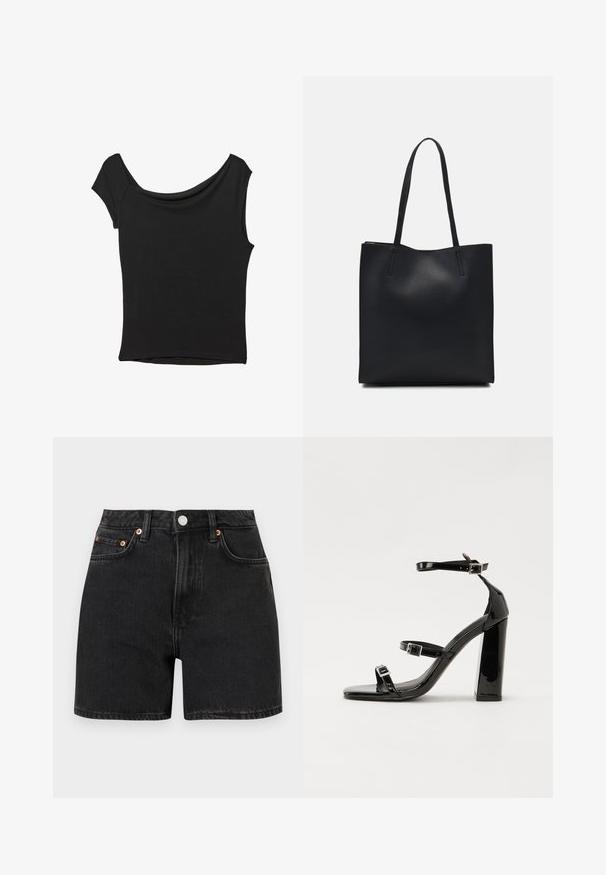 Schwarzes Kurzarmoberteil aus glattem Stoff; hat einen drapierten Ausschnitt und einen asymmetrischen Saum, mit einem figurbetonten Körper.; Schwarze Denim-Shorts mit hoher Taille, ausgestattet mit kupferfarbenen Knopf-Akzenten und einem Fünf-Taschen-Design. Glatte Textur, gerader Schnitt und umgeschlagene Säume.; Schwarze patentierte Sandalen mit Absatz, quadratischer Spitze, Knöchelriemen und silbernen Schnallen. Mit einem stabilen Blockabsatz für mehr Stabilität.; Schwarze Laptoptasche aus Leder mit glatter Textur, rechteckiger Form und zwei langen Griffen. Keine sichtbaren Beschläge oder Verzierungen.