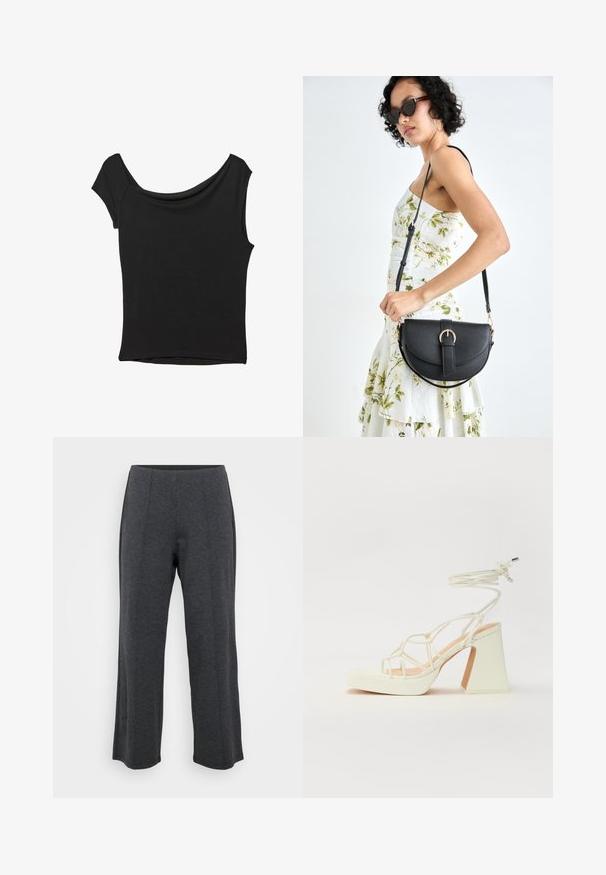 Black short-sleeve top made of smooth fabric; features a draped neckline and an asymmetrical hemline, with a fitted body.; Dark grey, wide-leg pants made from soft, stretchy fabric. Features a smooth waistband and flat front with subtle pleats for added detail.; White high-heeled sandal with a chunky heel, featuring a strappy design and ankle tie. Smooth texture with a platform front for added height.; Black leather handbag with a curved shape, detachable strap, and gold hardware. The bag features a flap with a buckle detail.
