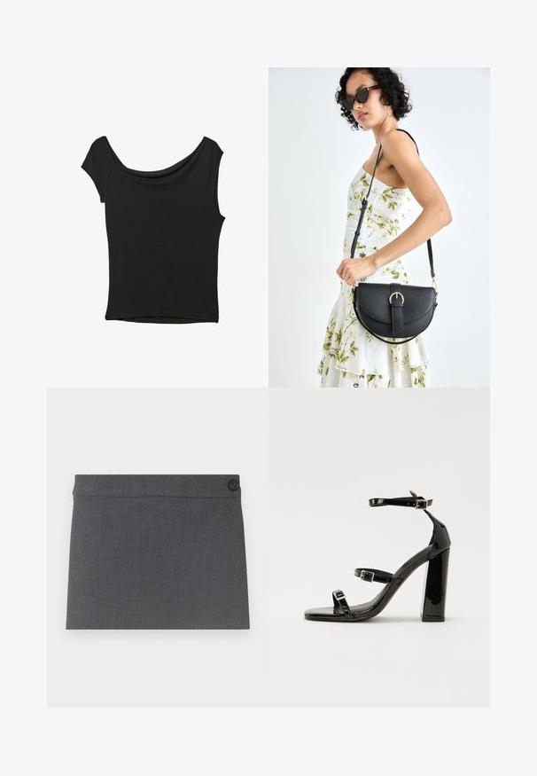 Top nero a maniche corte realizzato in tessuto liscio; presenta un colletto drappeggiato e un orlo asimmetrico, con una vestibilità aderente.; Gonna di stoffa grigia caratterizzata da una texture liscia, design dritto e un singolo bottone nero in vita, con un'estetica pulita e semplice.; Sandali con tacco in vernice nera, con punta squadrata, cinturini alla caviglia e fibbie in argento. Presentano un tacco a blocco spesso per maggiore stabilità.; Borsa a tracolla nera in pelle con una forma curva, manico rimovibile e accessori dorati. La borsa presenta una patta con un dettaglio a fibbia.