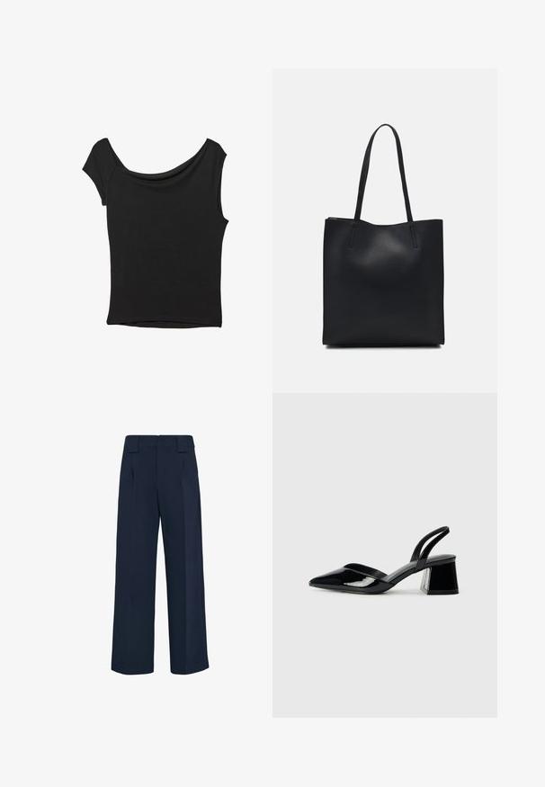 Czarna bluzka z krótkim rękawem, wykonana z gładkiego materiału; posiada dekolt w stylu drapowanym oraz asymetryczny dół, z dopasowanym krojem.; Granatowe spodnie w stylu wide-leg wykonane z gładkiego materiału. Posiadają wysoki stan z szlufkami na pasek oraz przednie plisowania dla lepszego dopasowania.; Czarne lakierowane półbuty na obcasie z wydłużonym noskiem i geometrycznym słupkiem. Charakteryzują się eleganckim, minimalistycznym designem oraz gładką fakturą.; Czarna skórzana torba tote o gładkiej fakturze, prostokątnym kształcie i dwóch długich uchwytach. Brak widocznych elementów metalowych i ozdób.