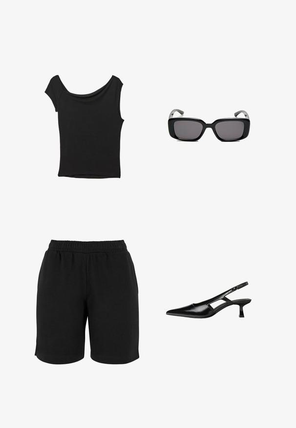 Svart kortärmad topp i slät tyg; har en draperad halsringning och asymmetrisk nederkant, med en figursydd kropp.; Svarta bomullsshorts med elastisk midja, med en slät textur och enkel stil. Inga fickor eller utsmyckningar syns.; Svart lackläder slingback-klackar med spetsig tå, utskuren sidor och en liten fyrkantig klack. Slät textur med minimala accenter.; Svarta rektangulära solglasögon med mörka linser, slimmad plastbåge och böjda tempel. Designen är kraftig med en minimalistisk estetik.