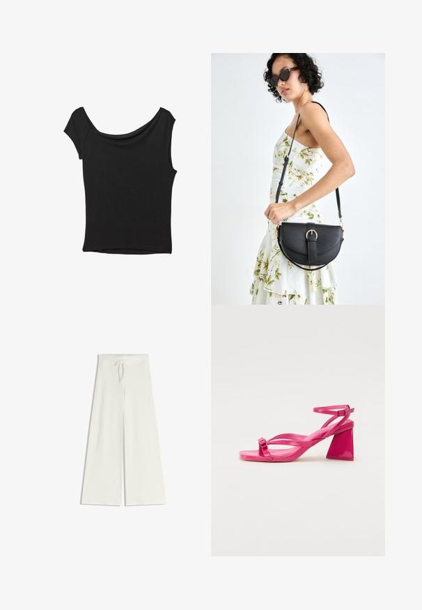 Črna kratka majica s kratkimi rokavi iz gladkega blaga; ima drapiran izrez in asimetrično spodnjo rob, s prilegnjenim telesom.; Široke bele hlače, narejene iz mehkega traku, z elastičnim pasom in vrvico za prilagodljivo prileganje. Gladka struktura, brez vzorcev.; Roza lakasta usnjena sandala na peto s kvadratnim prstom, ozkimi trakovi in geometrijsko blok peto. Ima značilen zaponko na traku.; Črna usnjena torbica s ukrivljeno obliko, z odstranljivo naramnico in zlatimi dodatki. Torbica ima pokrov s podrobnostmi v obliki zaponke.