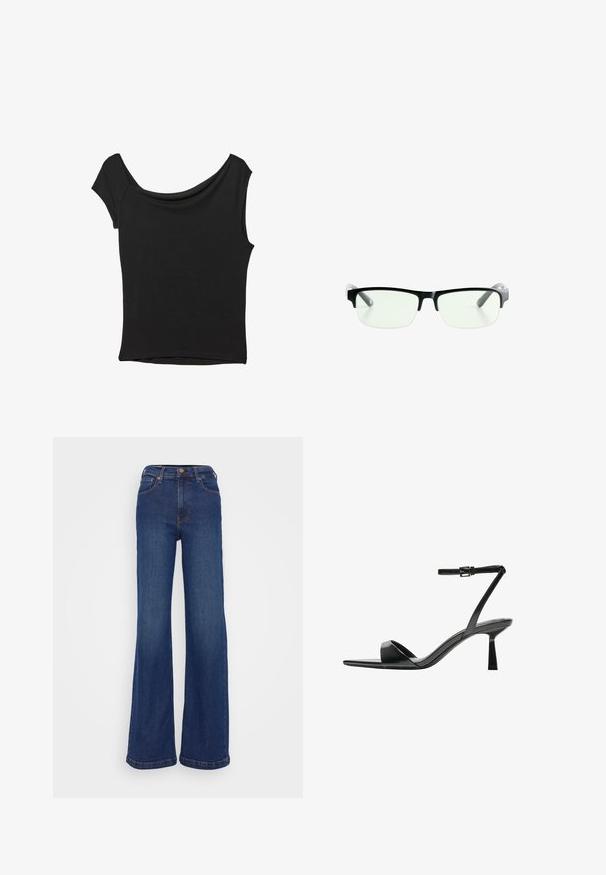 Crna majica kratkih rukava od glatkog materijala; ima drapirani izrez i asimetrični donji rub, uz prilagođeni kroj tijela.; Široke traperice od tamnoplave denima. Imaju visoki struk, dizajn s pet džepova i suptilno šivanje na šavovima.; Bershka Sandale s visokom petom - black; Crna pravokutna naočala s prozirnim lećama, sa sofisticiranim crnim okvirom i sivim prozirnim drškama. Minimalistički dizajn, bez vidljivog brendiranja.; Smeđa kožna torba preko ramena s glatkom teksturom, otvorenim vrhom i dvjema naramenicama. Ima minimalne šavove i nema vidljivog hardvera.
