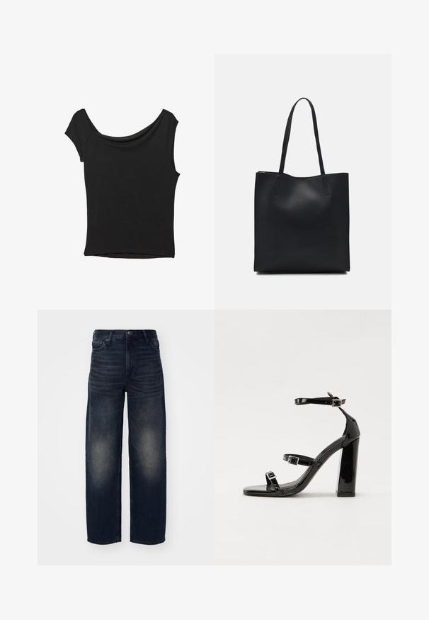 Czarna bluzka z krótkim rękawem, wykonana z gładkiego materiału; posiada dekolt w stylu drapowanym oraz asymetryczny dół, z dopasowanym krojem.; Weekday - Jeansy Straight Leg; Czarne lakierowane sandały na obcasie z kwadratowym noskiem, z paskami wokół kostki i srebrnymi klamrami. Posiadają masywny słupek dla stabilności.; Czarna skórzana torba tote o gładkiej fakturze, prostokątnym kształcie i dwóch długich uchwytach. Brak widocznych elementów metalowych i ozdób.