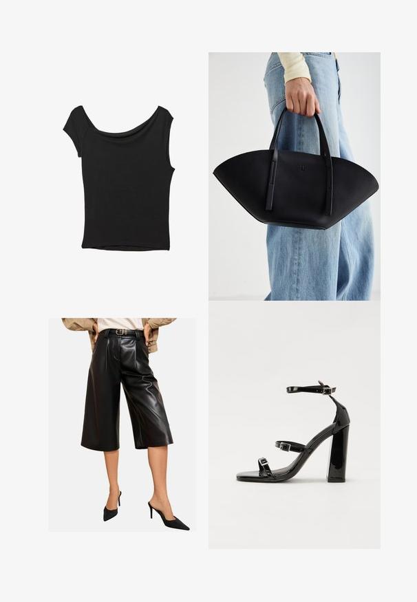 Czarna bluzka z krótkim rękawem, wykonana z gładkiego materiału; posiada dekolt w stylu drapowanym oraz asymetryczny dół, z dopasowanym krojem.; Czarne kuloty z imitacji skóry z szerokimi nogawkami, z przodu z kaletami i podwyższonym talą na pasku. Gładka faktura o błyszczącym wykończeniu.; Czarne lakierowane sandały na obcasie z kwadratowym noskiem, z paskami wokół kostki i srebrnymi klamrami. Posiadają masywny słupek dla stabilności.; Czarna skórzana torebka w unikalnym kształcie wachlarza, z płaskimi uchwytami. Powierzchnia ma fakturę kamyków i minimalistyczny design.