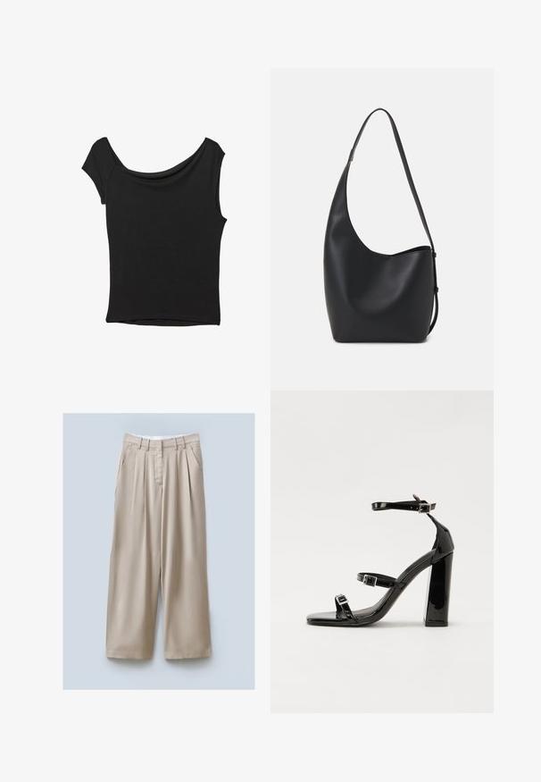 Čierny krátky rukáv top vyrobený z hladkej tkaniny; má prehnutý výstrih a asymetrický lem, s priliehavým telom.; Béžové široké nohavice s textúrovaným povrchom, obsahujúce dve bočné vrecká, predné puky a pás pre bezpečné nosenie.; Čierne lakované sandále na podpätku so štvorcovou špičkou, navlečenými remienkami okolo členku a striebornými prackami. Disponujú masívnym blokovým podpätkom pre stabilitu.; Čierna kožená hobo taška so hladkou textúrou, zakriveným tvarom a jedným nastaviteľným popruhom; má široké otvorenie na vrchu.