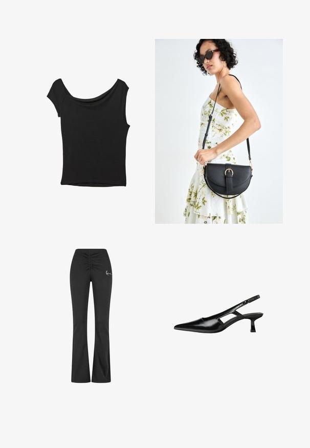 Črna kratka majica s kratkimi rokavi iz gladkega blaga; ima drapiran izrez in asimetrično spodnjo rob, s prilegnjenim telesom.; Črne široke hlače z nabiranim pasom, narejene iz mehkega, raztegljivega materiala. Imajo majhen bel logo na levi strani.; Črne patentični usnjeni salonarji s slingback designom, z zašiljenim nosom, izrezanim stranskim dizajnom in majhnim kvadratnim peto. Gladka tekstura z minimalnimi detajli.; Črna usnjena torbica s ukrivljeno obliko, z odstranljivo naramnico in zlatimi dodatki. Torbica ima pokrov s podrobnostmi v obliki zaponke.