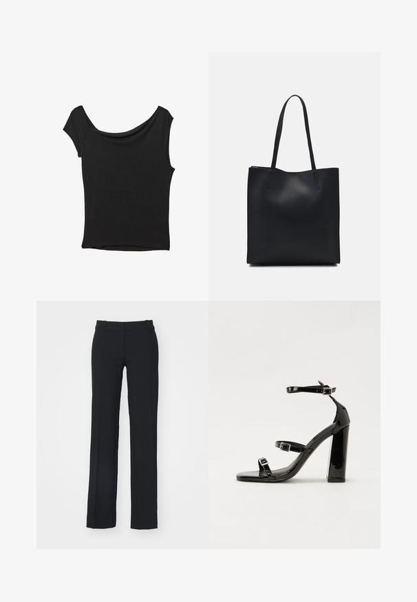 Schwarzes Kurzarmoberteil aus glattem Stoff; hat einen drapierten Ausschnitt und einen asymmetrischen Saum, mit einem figurbetonten Körper.; Weekday KEEL LOW SUITING - Stoffhose - black; Schwarze patentierte Sandalen mit Absatz, quadratischer Spitze, Knöchelriemen und silbernen Schnallen. Mit einem stabilen Blockabsatz für mehr Stabilität.; Schwarze Laptoptasche aus Leder mit glatter Textur, rechteckiger Form und zwei langen Griffen. Keine sichtbaren Beschläge oder Verzierungen.