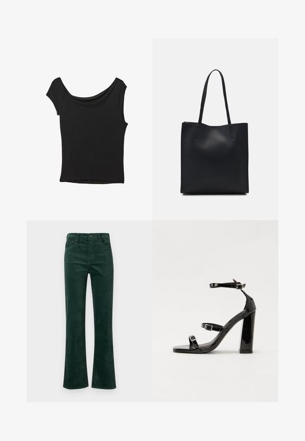 Crna majica kratkih rukava od glatkog materijala; ima drapirani izrez i asimetrični donji rub, uz prilagođeni kroj tijela.; Zelene pamučne flare hlače s bešavnom teksturom, dizajnom s pet džepova i metalnim kopčanjem na struku.; Crne lakirane sandale na pete sa kvadratnim nosom, trakama oko gležnja i srebrnim kopčama. Imaju čvrst blok petu za stabilnost.; Crna kožna torba za nošenje s glatkom teksturom, pravokutnim oblikom i dvije duge ručke. Nema vidljivih metalnih dijelova ili ukrasa.
