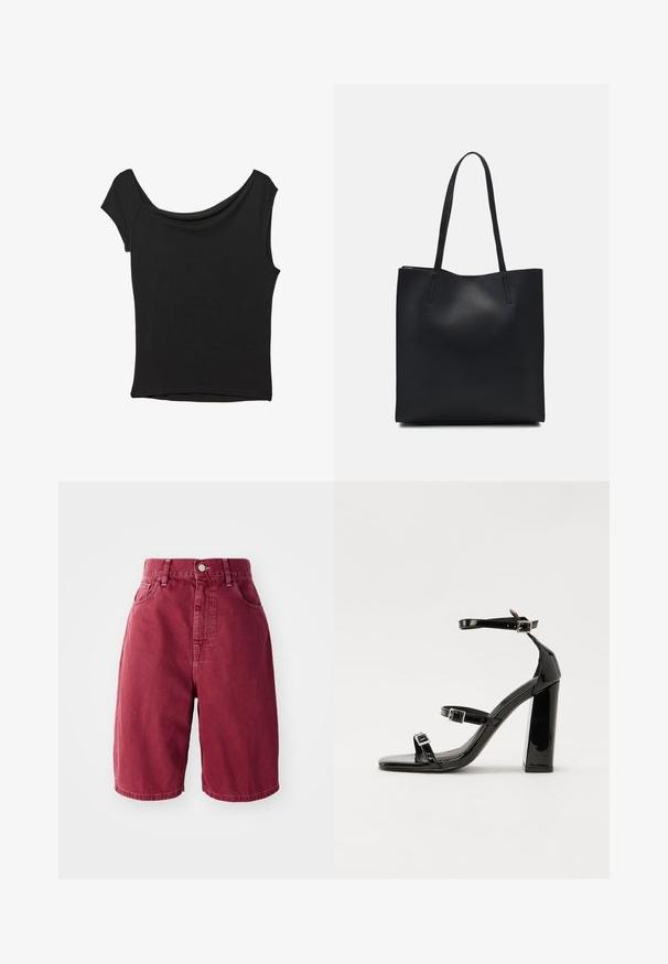 Czarna bluzka z krótkim rękawem, wykonana z gładkiego materiału; posiada dekolt w stylu drapowanym oraz asymetryczny dół, z dopasowanym krojem.; Bordowe dżinsowe szorty z wysokim stanem. Cechy: dwie przednie kieszenie, pojedyncze zapięcie na guzik oraz prosty krój nogawki.; Czarne lakierowane sandały na obcasie z kwadratowym noskiem, z paskami wokół kostki i srebrnymi klamrami. Posiadają masywny słupek dla stabilności.; Czarna skórzana torba tote o gładkiej fakturze, prostokątnym kształcie i dwóch długich uchwytach. Brak widocznych elementów metalowych i ozdób.