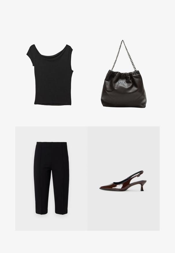 Schwarzes Kurzarmoberteil aus glattem Stoff; hat einen drapierten Ausschnitt und einen asymmetrischen Saum, mit einem figurbetonten Körper.; Schwarze, taillierte Hosen aus dehnbarem Stoff, mit Nahtdetails an der Vorderseite und einer figurbetonten Schnittführung, die eine glatte Silhouette bietet.; Braune Lackleder-Slingback-Schuhe mit spitzer Zehe und moderatem Absatz. Mit einem Schnallenriemen für einen sicheren Sitz. Glatte Textur.; Braune Lederhandtasche mit gerafftem Oberteil und Kettenriemen. Glatte Textur mit glänzendem Finish und subtilen Nahtdetails an den Seiten.